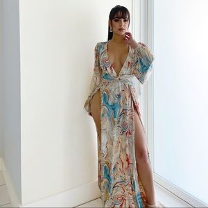 Luxxel Cream Maxi Dress with Blue and Red Marble Print